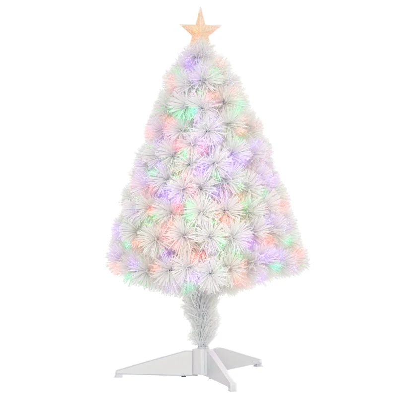 HOMCOM 2.5FT Prelit Artificial Tabletop Christmas Tree with Fibre Optics Holiday Home Xmas Decoration for Table and Desk White