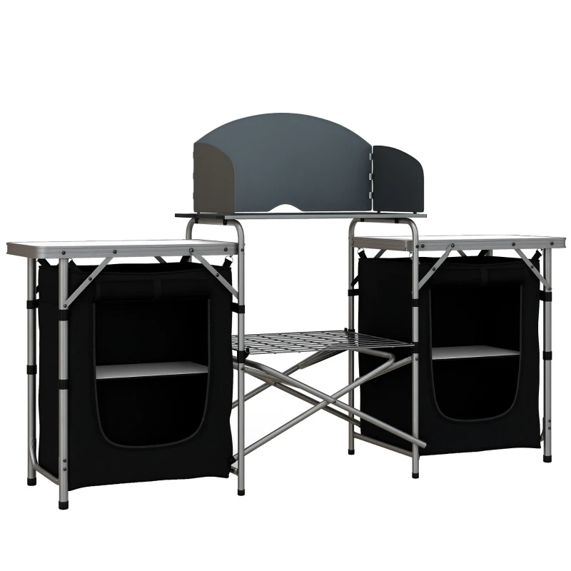 Outsunny Aluminum Camping Table, Folding Camping Kitchen with Windshield, Cupboards and Carrying Bag, for BBQ Camp Party Picnic