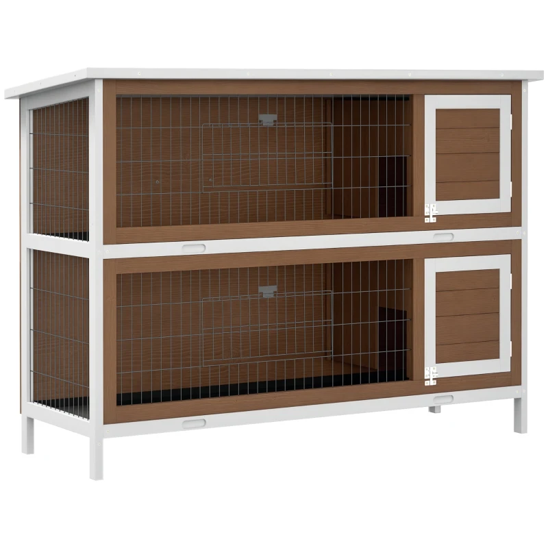 PawHut 2 Tier Wooden Rabbit Hutch Bunny Pet House Wooden Coop Run, Brown
