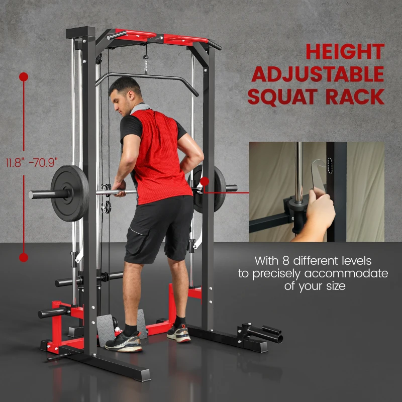 Soozier Smith Machine Power Rack with Pull Up Bar, Lat Pull Down System, Landmine, Squat Rack, Barbell Bar, for Home Gym