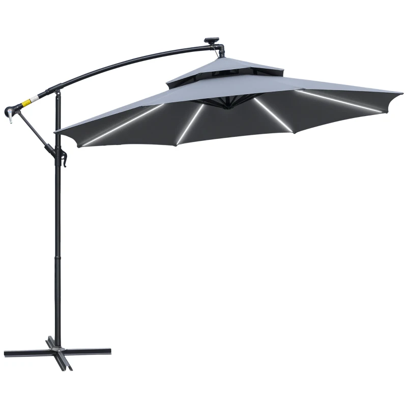 Outsunny 10FT Cantilever Patio Umbrella with Lights Solar Powered Offset Umbrella with Crank and Cross Base for Deck Grey