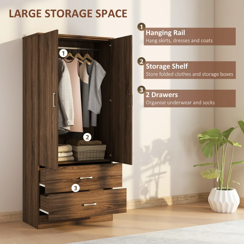 HOMCOM Wardrobe Closet Armoire with Hanging Rod and 2 Doors, Clothes Storage Organizer with 2 Drawers for Bedroom, Walnut