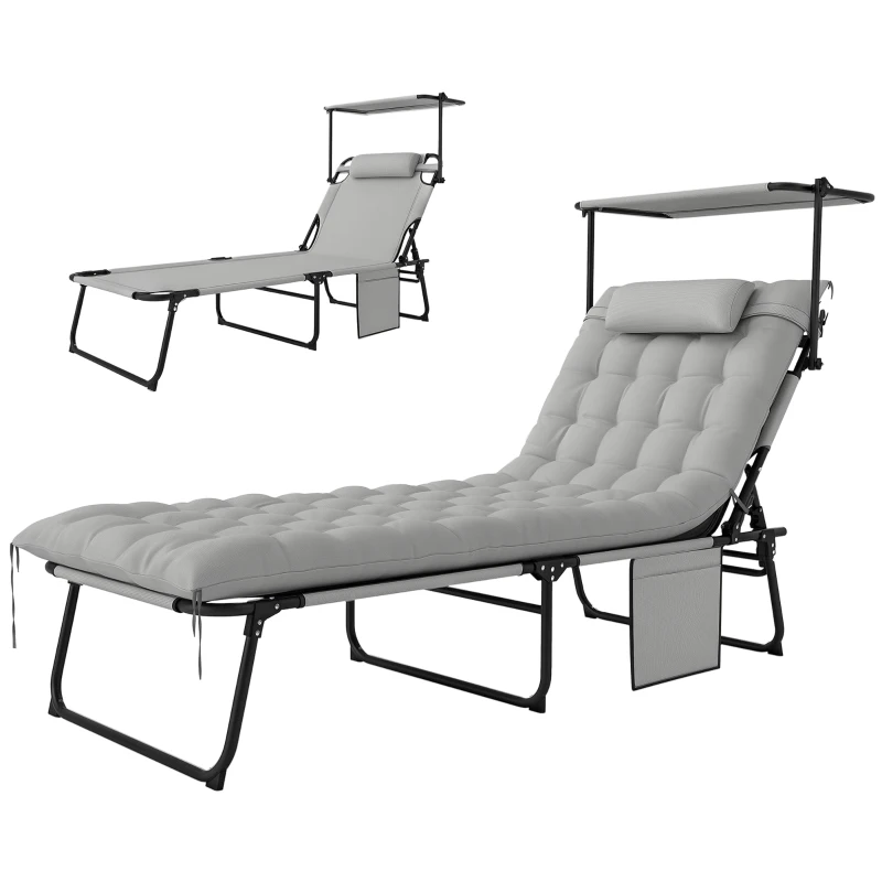 Outsunny Folding Lounge Chair with Adjustable Canopy, 4-Position Outdoor Tanning Chair with Headrest, Light Grey