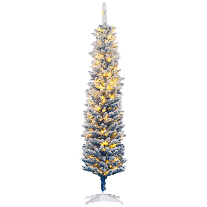HOMCOM 6' Flocked Christmas Trees, Pencil Prelit Artificial Christmas Tree with Snow Branches, Blue