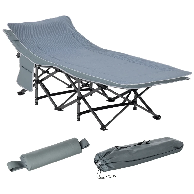 Outsunny Folding Camping Cot with Mattress & Pillow, Double Layer Oxford Heavy Duty Sleeping Cot with Carry Bag Dark Grey