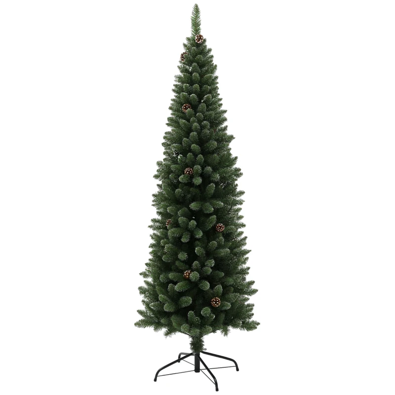 HOMCOM 6ft Artificial Pencil Christmas Tree with 618 Branches, Pinecones, Metal Stand, Realistic Xmas Tree for Home