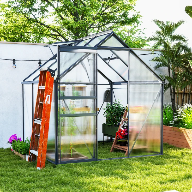 Outsunny 6' x 6' x 6.5' Polycarbonate Greenhouse, Walk-in Green House with Adjustable Roof Vent Galvanized Base Sliding Door Rain Gutter for Outdoor Garden Backyard, Grey