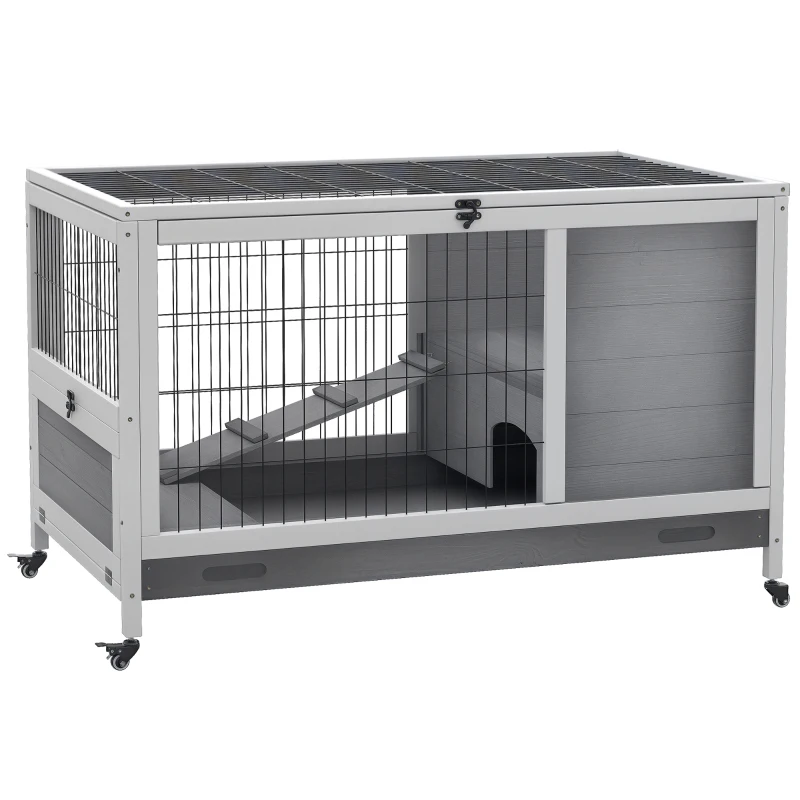PawHut Wooden Indoor Rabbit Hutch Elevated Bunny Cage Habitat with Enclosed Run with Wheels, Suitable for Rabbits and Guinea Pigs, Grey