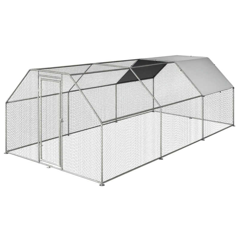 PawHut 18.7' Chicken Coop Galvanized Hen House Poultry Cage Outdoor Enclosure w/ UV-Protection Water-Resist Cover