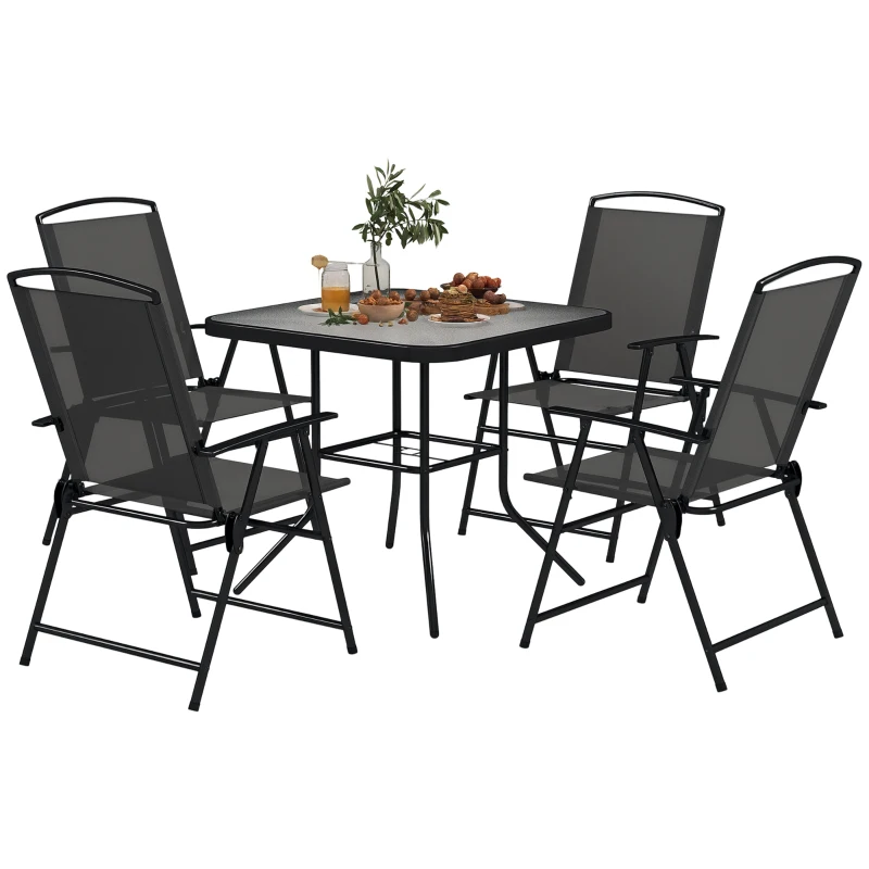 Outsunny 5 Pieces Outdoor Patio Dining Set with Glass Top Table and 4 Mesh Folding Chairs, Small Outdoor Patio Furniture, Grey