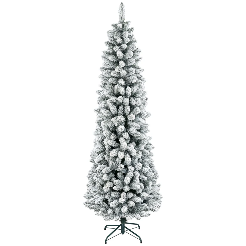 HOMCOM 7ft Pencil Christmas Tree, Flocked Tree with 687 Branch Tips and Metal Base for Home, Indoor, Holiday