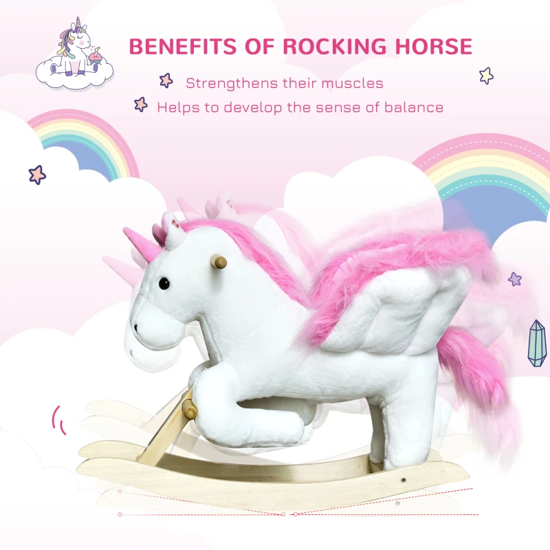 Qaba Unicorn Baby Rocking Horse Toy for Kids with Lullaby Song, Plush Ride on Horse with Heavy-Duty Support System, Interactive Toy Pretend Play Toy for Toddlers 18-36 Months