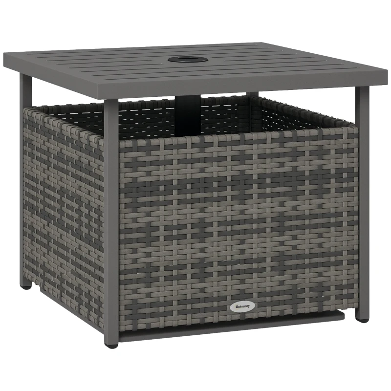 Outsunny Rattan Coffee Wicker Patio Table w/ Umbrella Hole for Backyard Mixed-Grey