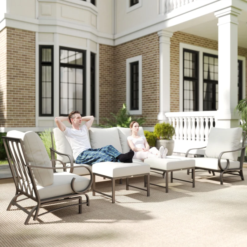 Outsunny 5 Piece Backyard Patio Furniture Set, Outdoor Furniture Set with 2 Rocking Chairs, 3-Seat Sofa, and 2 Ottomans, Beige