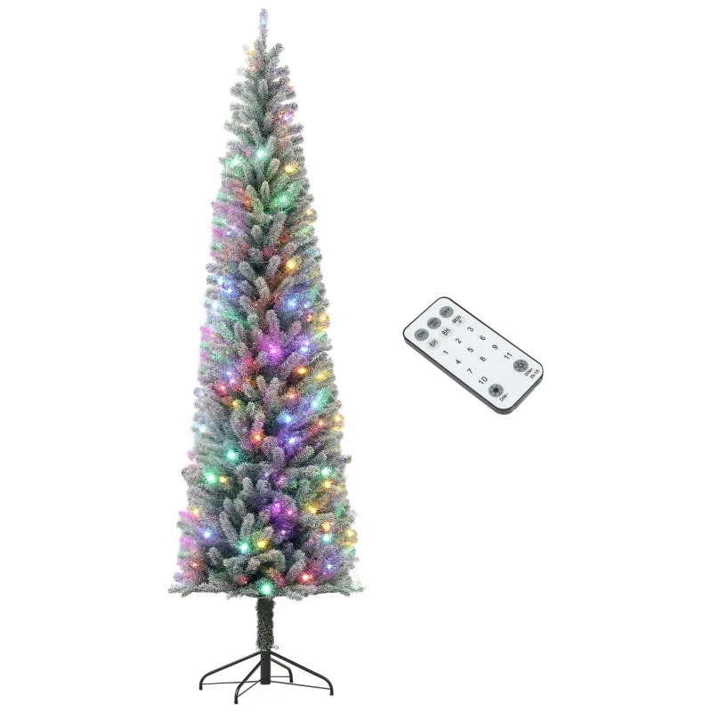 HOMCOM 9ft Prelit Pencil Artificial Christmas Tree, Flocked Xmas Tree with Remote, Dual Colour LEDs, 895 Tips, Metal Stand