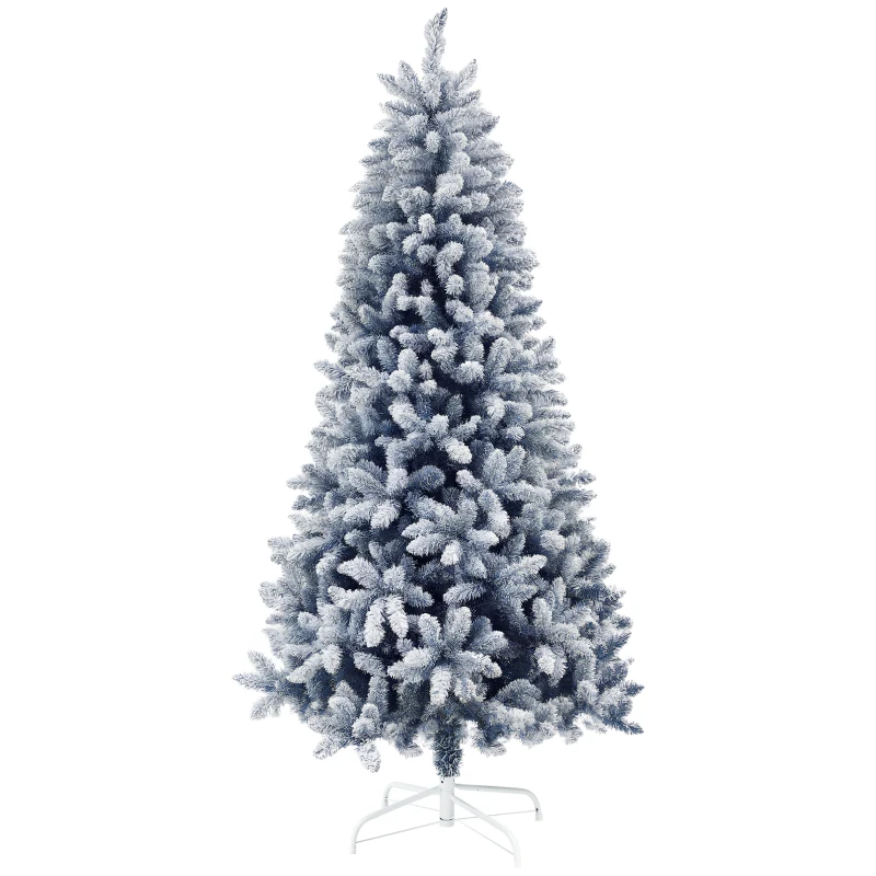 HOMCOM 6ft Flocked Blue Christmas Tree, Artificial Christmas Tree with Hinged Design, Faux Snow, for Home Office Holiday Xmas