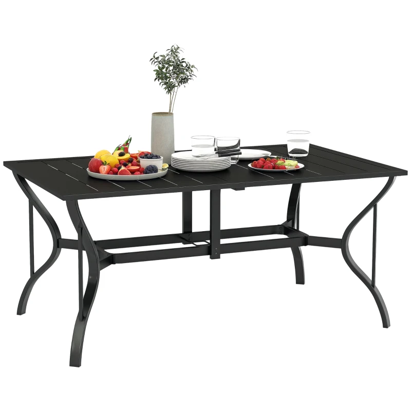 Outsunny Rectangle Patio Dining Table with Umbrella Hole, Outdoor Dining Table for 6 with Steel Frame for Garden, Balcony, Black