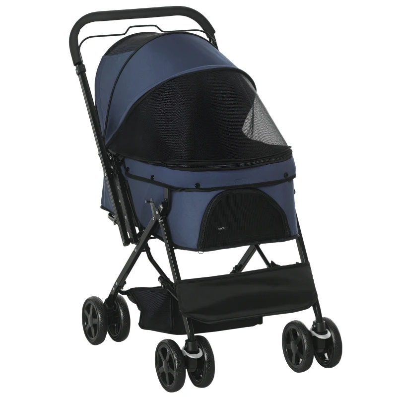PawHut 4 Wheels Pet Stroller with Reversible Handle, Foldable Cat Dog Travel Carriage with EVA Wheel Brake, 3-stage Canopy, Mesh Window Door, Dark Blue