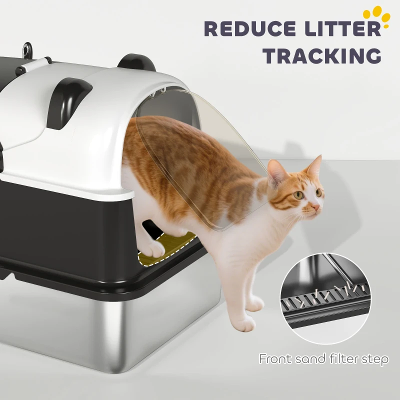 PawHut Panda Style XL Stainless Steel Cat Litter Box with Lid, Enclosed Kitty Litter Box with Scoop, 23.7" x 15.9" x 17.6"