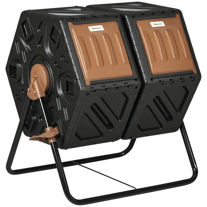 Outsunny Rotating Composter, Dual Chamber Compost Bin with 24 Vents and Steel Legs, 34.5 Gallon, Brown