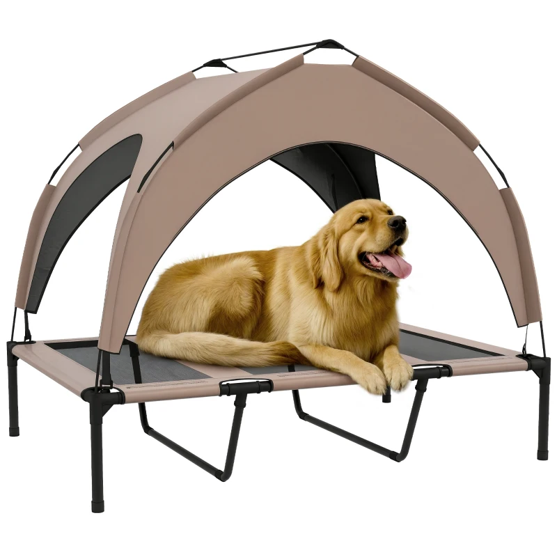 PawHut Raised Dog Bed Cooling Dog Cot w/ Canopy Washable Breathable Mesh, for Large Dogs, Coffee