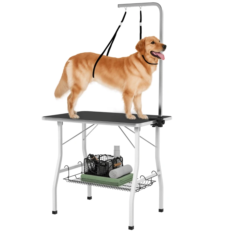 PawHut Dog Grooming Table w/ Adjustable Arm, Mesh Tray,  Two Nooses, Rubber Surface, 35" x 24" x 61", Black
