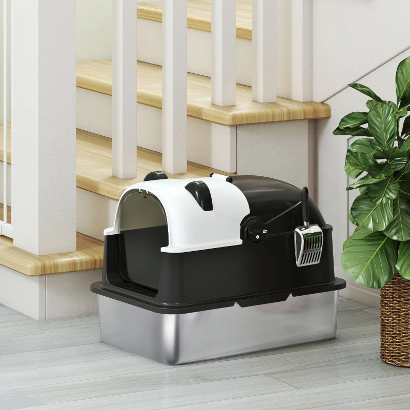 PawHut Panda Style XL Stainless Steel Cat Litter Box with Lid, Enclosed Kitty Litter Box with Scoop, 23.7" x 15.9" x 17.6"