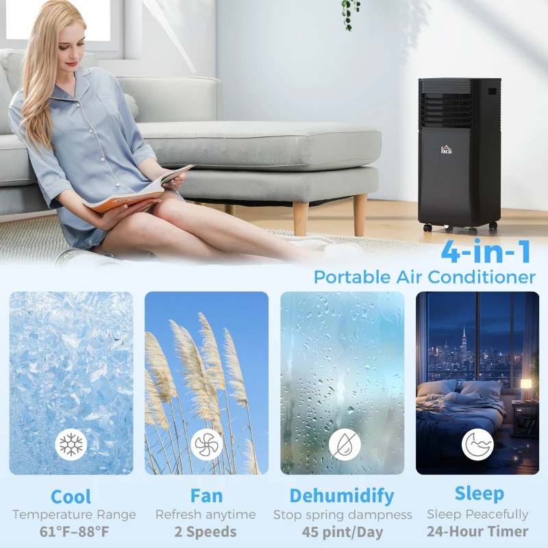 HOMCOM 8000 BTU Portable Air Conditioner with Dehumidifier, Cooling Fan, Sleep, Remote, 24H Timer, Auto Off, Black