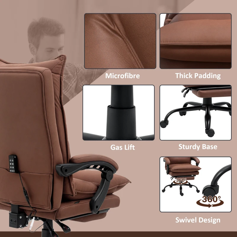 Vinsetto Executive Massage Office Chair with 6 Vibration Points, Microfiber Computer Desk Chair, Heated Reclining Chair with Footrest, Armrest, Double Padding, Brown