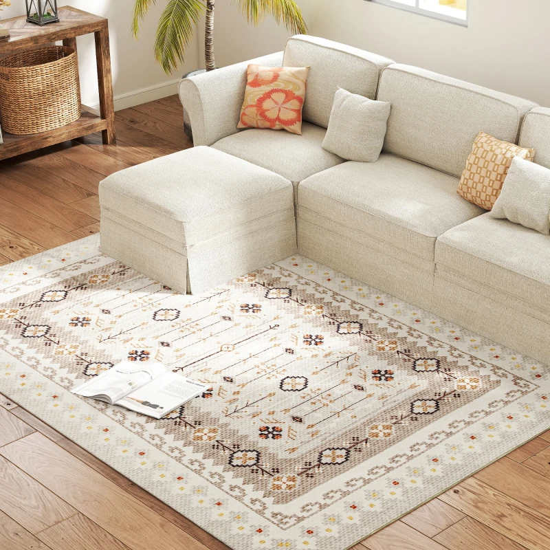 HOMCOM Machine Washable Area Rug 5x7, Non-Slip Boho Flannel Print Floor Carpet for Living Room, Bedroom, Dining Room, Brown