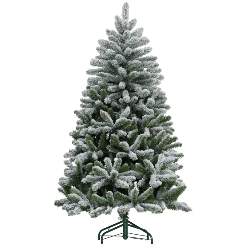 HOMCOM 5 Foot Artificial Flocked Christmas Tree with Snow, Metal Stand, Hinged Xmas Tree for Home Office Holiday
