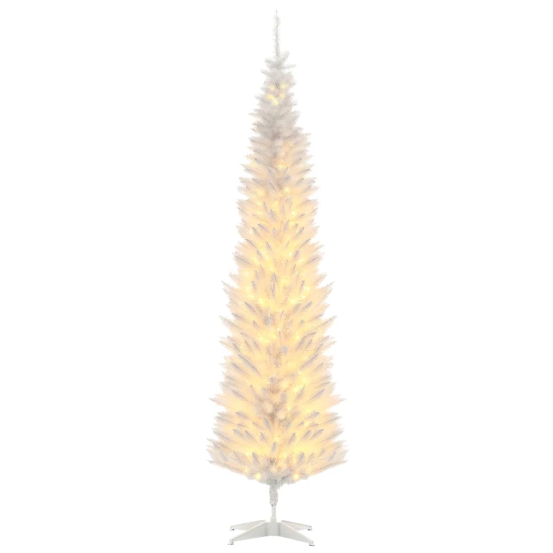 HOMCOM 7' Pre Lit Artificial Pencil Christmas Trees, Xmas Tree with Realistic Branches and Warm White LED Lights, White
