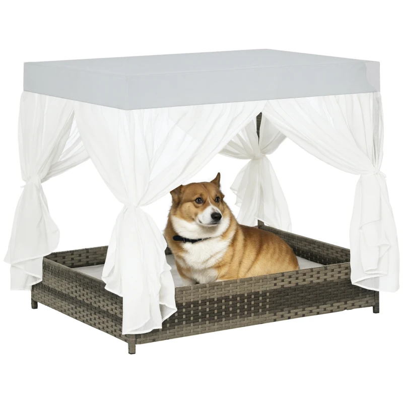 PawHut Wicker Dog House for Indoor Outdoor, Elevated Pet Sofa, Rattan Cat Bed for Garden Patio, Weatherability Roof for Medium-Sized Dogs, Grey