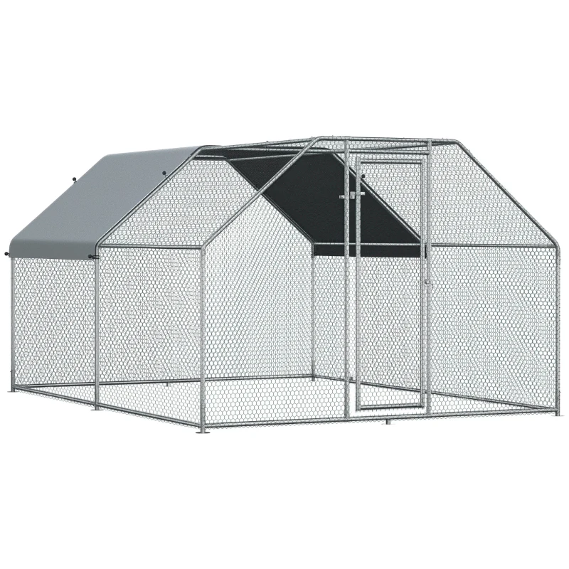 PawHut 9.2' x 12.5' Metal Chicken Coop, Galvanized Walk-in Hen House, Poultry Cage Outdoor Backyard with Waterproof UV-Protection Cover for Rabbits, Ducks