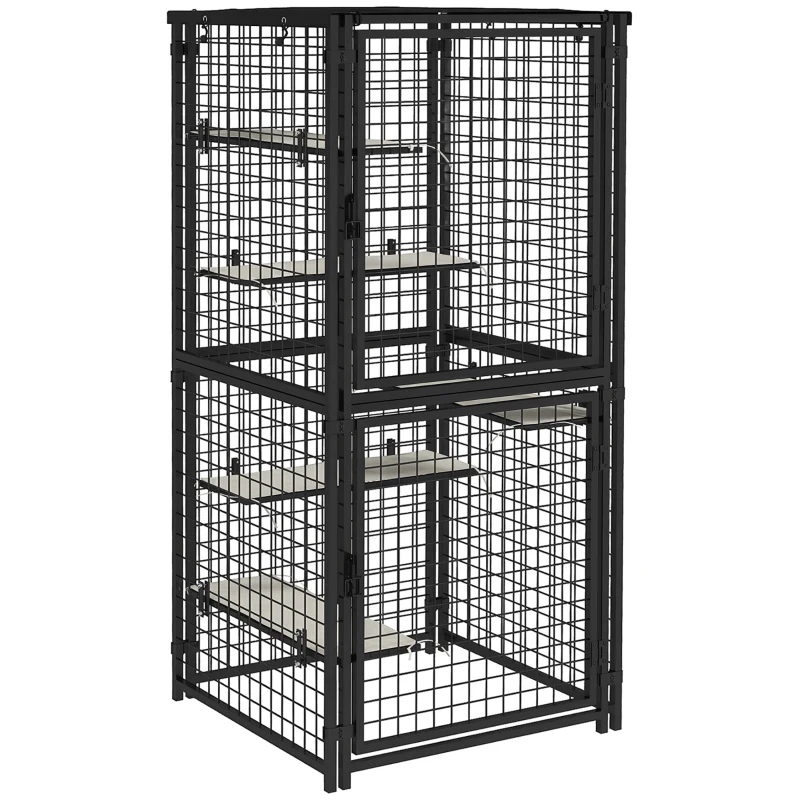 PawHut Cat Cage Multi-Level Catio Steel Outdoor Cat Enclosure w/ UV-and Water Resistant Cover, 5 Platforms, Soft Pads, Black
