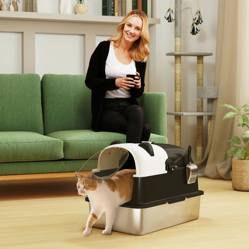 PawHut Panda Style XL Stainless Steel Cat Litter Box with Lid, Enclosed Kitty Litter Box with Scoop, 23.7" x 15.9" x 17.6"