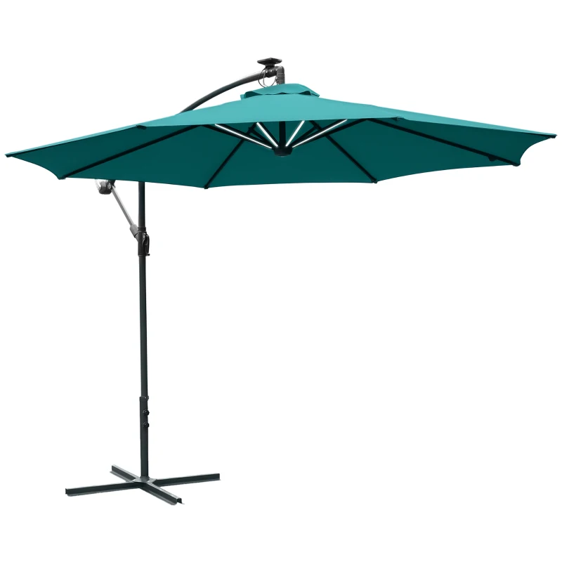 Outsunny 10ft Cantilever Solar Hanging Offset Umbrella Outdoor LED Lights Aluminum Market Banana Parasol Crank w/ Cross Base Garden Sun Shelter Green