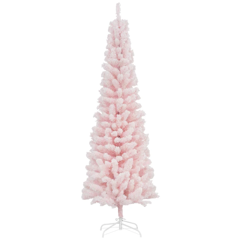 HOMCOM 6ft Flocked Christmas Tree, Pencil Christmas Tree with Realistic Branch Tips, Folding Metal Stand, Pink