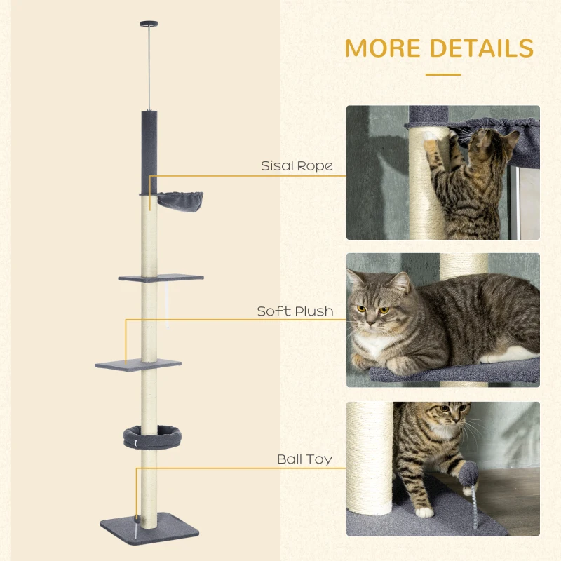 PawHut Floor To Ceiling Cat Tree, 5-Tier Cat Climbing Tower, 95''-106'' Height Adjustable with Carpeted Platforms, Cozy Bed, Hammock, Scratching Post & Toy Ball for Indoor Cats, Dark Gray and Cream