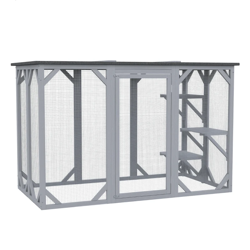 PawHut 44.1" H Cat Cage, Indoor Outdoor Wooden Enclosure Pet House, Small Animal Cage Hutch, Suitable for Rabbit, Dogs, Kitten, Crate Kennel with Waterproof Roof, Multi-Level Platforms, Lock, Grey
