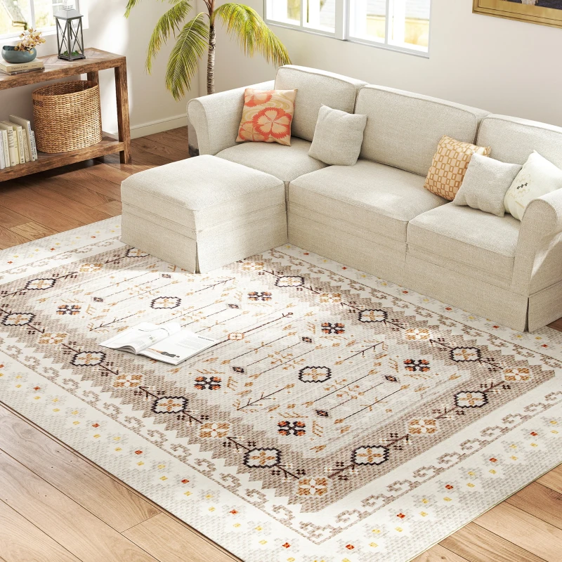 HOMCOM Machine Washable Area Rug 8x10, Non-Slip Boho Flannel Print Floor Carpet for Living Room, Bedroom, Dining Room, Brown