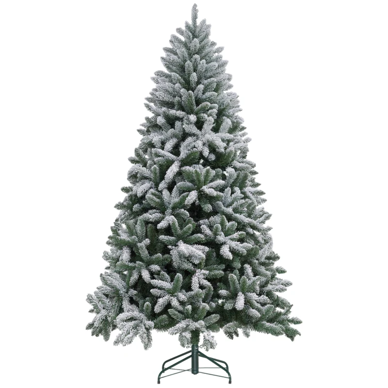 HOMCOM 7 Foot Artificial Flocked Christmas Tree with Snow, Metal Stand, Hinged Xmas Tree for Home Office Holiday