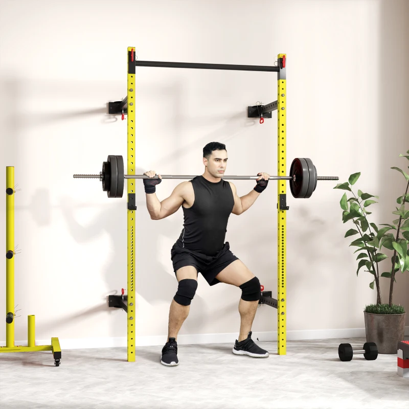 Soozier Folding Squat Rack with Pull Up Bar, Wall Mounted and Adjustable, 1000 Pounds Capacity Power Rack, Yellow