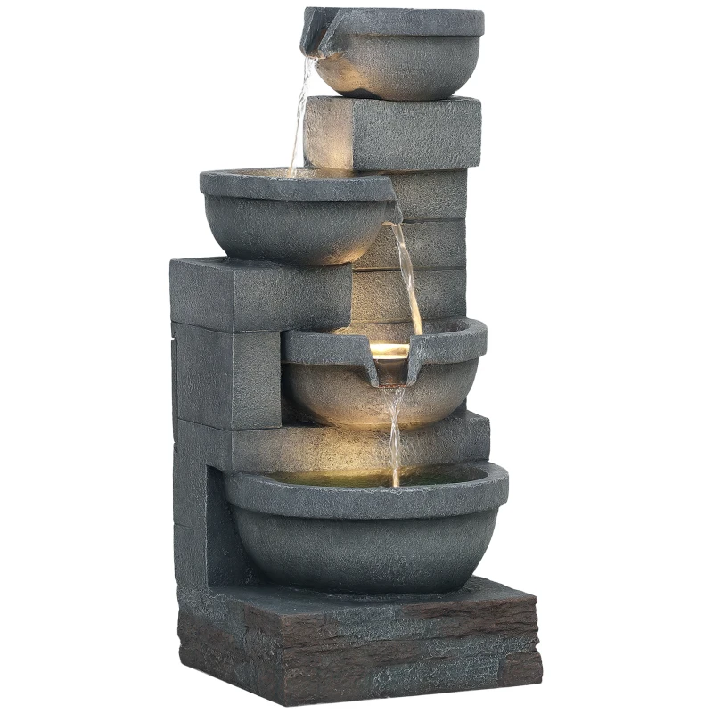 Outsunny 30" Tall Outdoor Waterfall Fountain with LED Lights, 4-Tier Resin Cascading Water Bowls with Pump, Gray