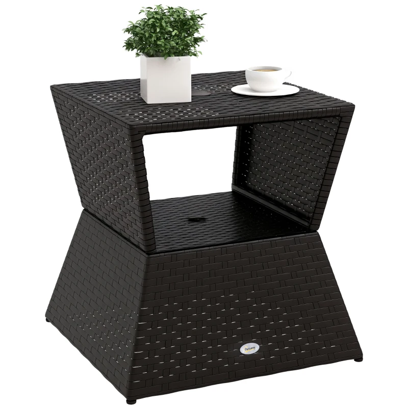 Outsunny Outdoor Patio Rattan Wicker Coffee Table Garden End Tea Table Bistro Side Table w/ Umbrella Hole, Dark Coffee