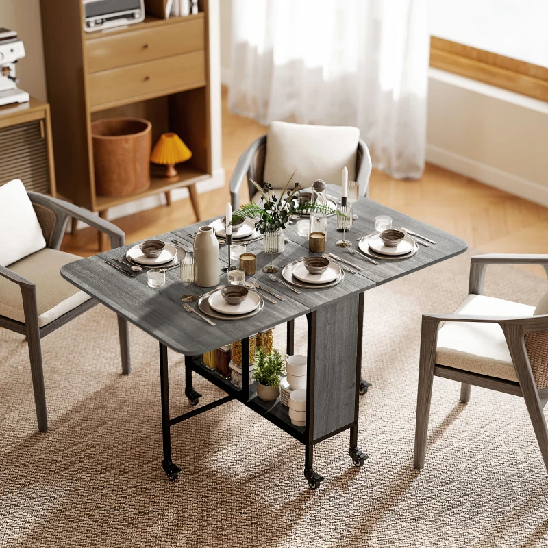 HOMCOM Folding Dining Table, Extendable Kitchen Table for Small Spaces with Storage Shelf and 6 Wheels, Distressed Grey