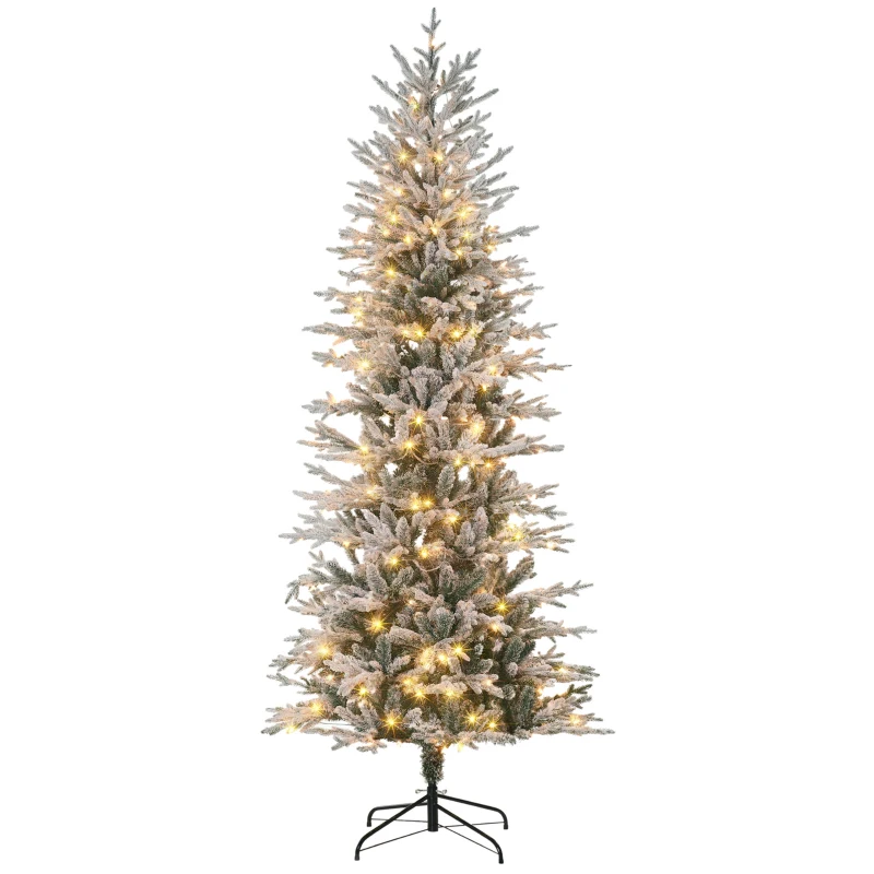 HOMCOM 7.5' Pre Lit Arctic Fir Artificial Flocked Christmas Trees, with Snow Branches, Warm White UL Listed Clear Lights