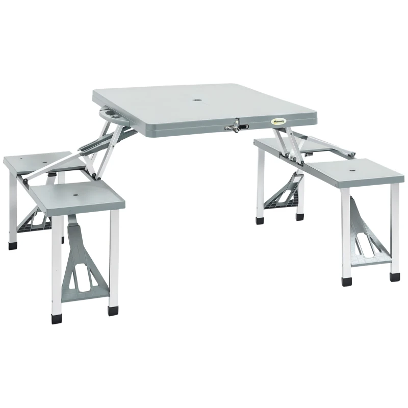 Outsunny 4-Kids Folding Picnic Table Chair Set W/ Umbrella Hole Junior Outdoor Seating Portable Bench Grey