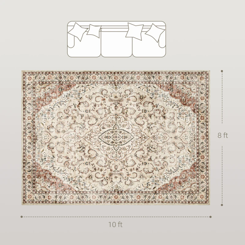 HOMCOM Area Rug 8x10, Machine Washable Rug, Non-Slip Classical Floral Print Floor Carpet for Living Room, Bedroom, Mixed-Brown