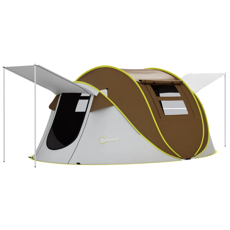 Outsunny Pop Up Tent with 2 Porch and Carry Bag, 3000mm Waterproof Camping Tent, for 2-3 People, Brown